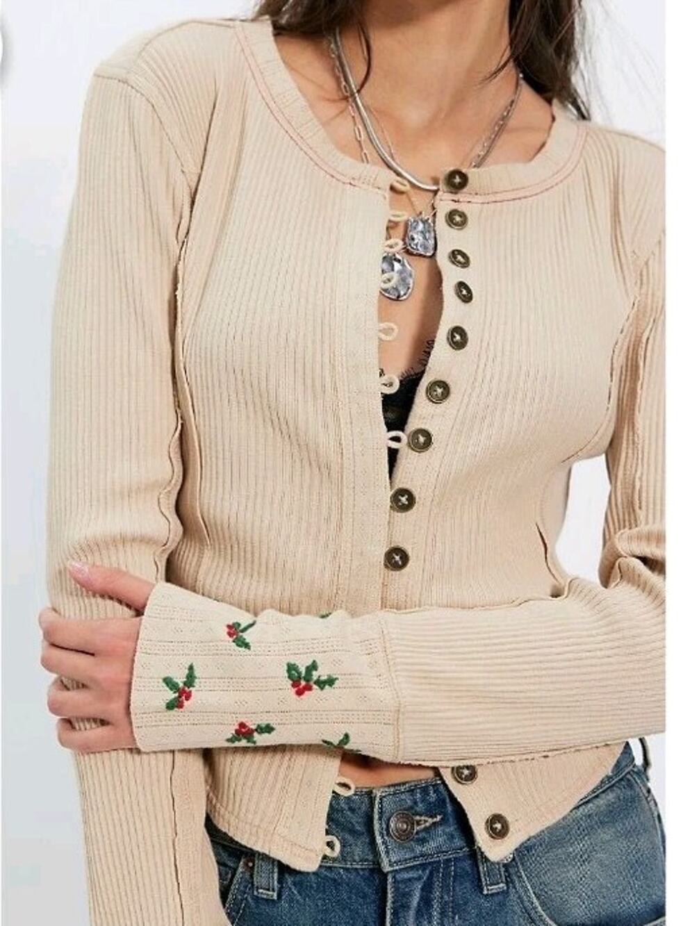 We The Free Daria Cuff Cardi | Beige w/ Red Hearts | Size XS